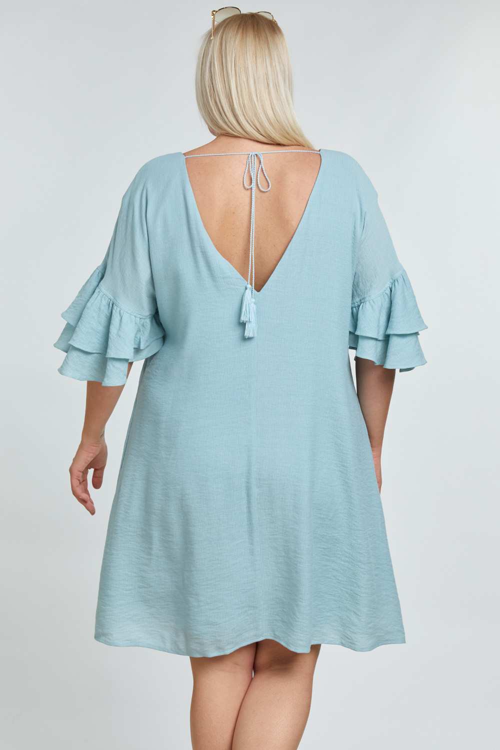 Davi And Dani Blue Open Back Ruffle Sleeve Plus Dress-Curvy/Plus Short Dresses-Davi and Dani-Deja Nu Boutique, Women's Fashion Boutique in Lampasas, Texas