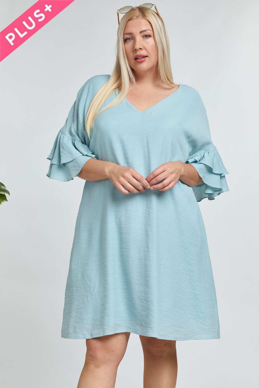 Davi And Dani Blue Open Back Ruffle Sleeve Plus Dress-Curvy/Plus Short Dresses-Davi and Dani-Deja Nu Boutique, Women's Fashion Boutique in Lampasas, Texas