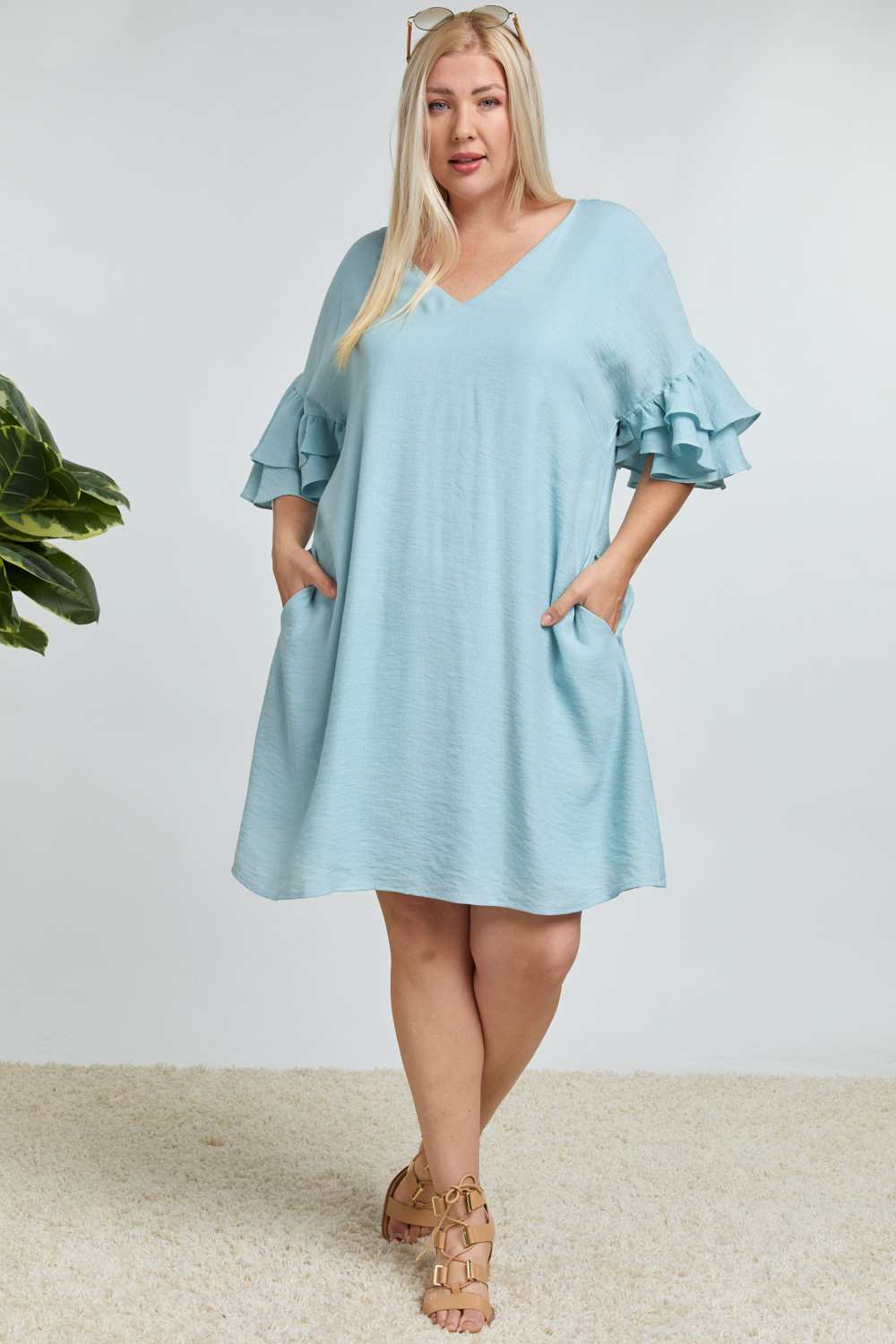 Davi And Dani Blue Open Back Ruffle Sleeve Plus Dress-Curvy/Plus Short Dresses-Davi and Dani-Deja Nu Boutique, Women's Fashion Boutique in Lampasas, Texas