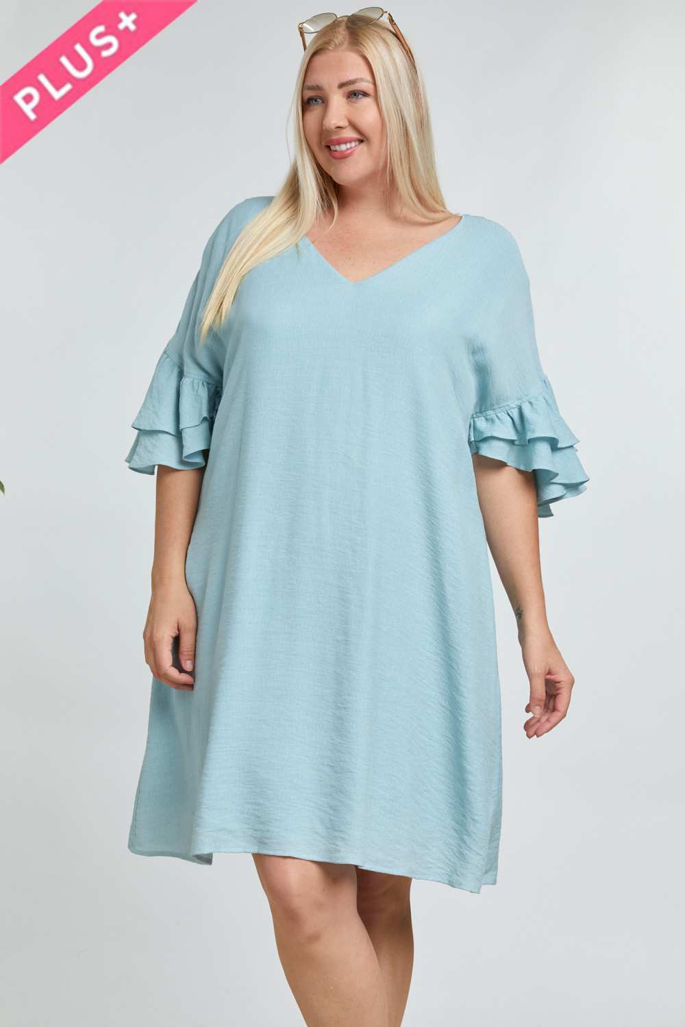 Davi And Dani Blue Open Back Ruffle Sleeve Plus Dress-Curvy/Plus Short Dresses-Davi and Dani-Deja Nu Boutique, Women's Fashion Boutique in Lampasas, Texas