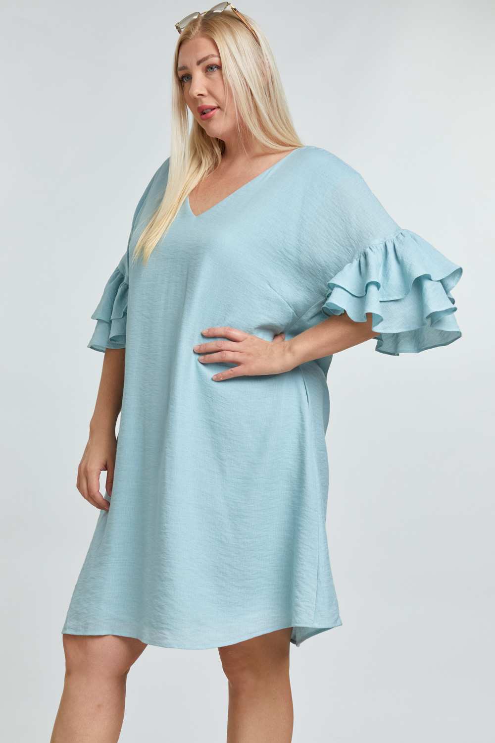 Davi And Dani Blue Open Back Ruffle Sleeve Plus Dress-Curvy/Plus Short Dresses-Davi and Dani-Deja Nu Boutique, Women's Fashion Boutique in Lampasas, Texas