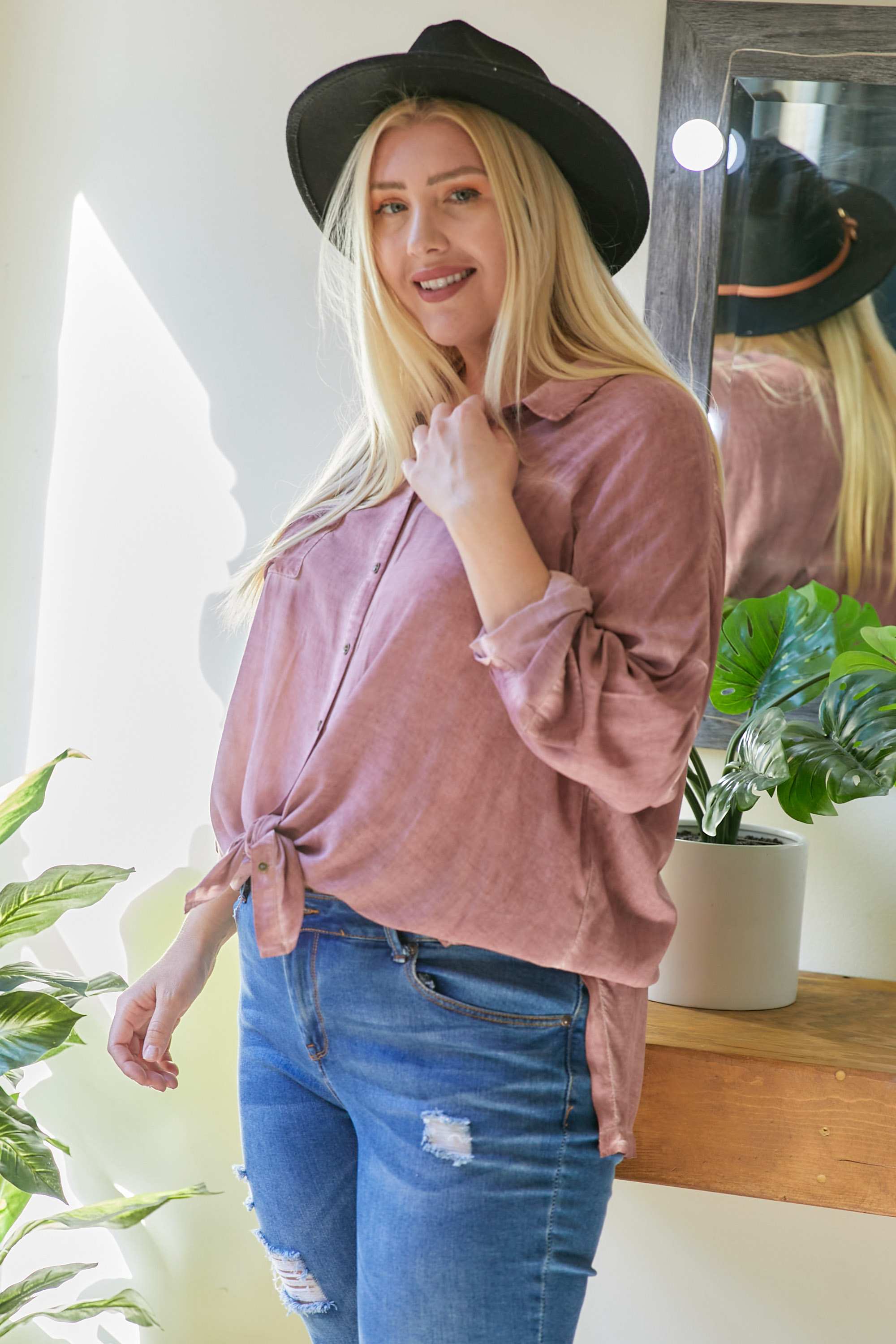 Davi And Dani Blush Solid Button Down Long Sleeve Shirt - Plus-Curvy/Plus Tops-Davi and Dani-Deja Nu Boutique, Women's Fashion Boutique in Lampasas, Texas