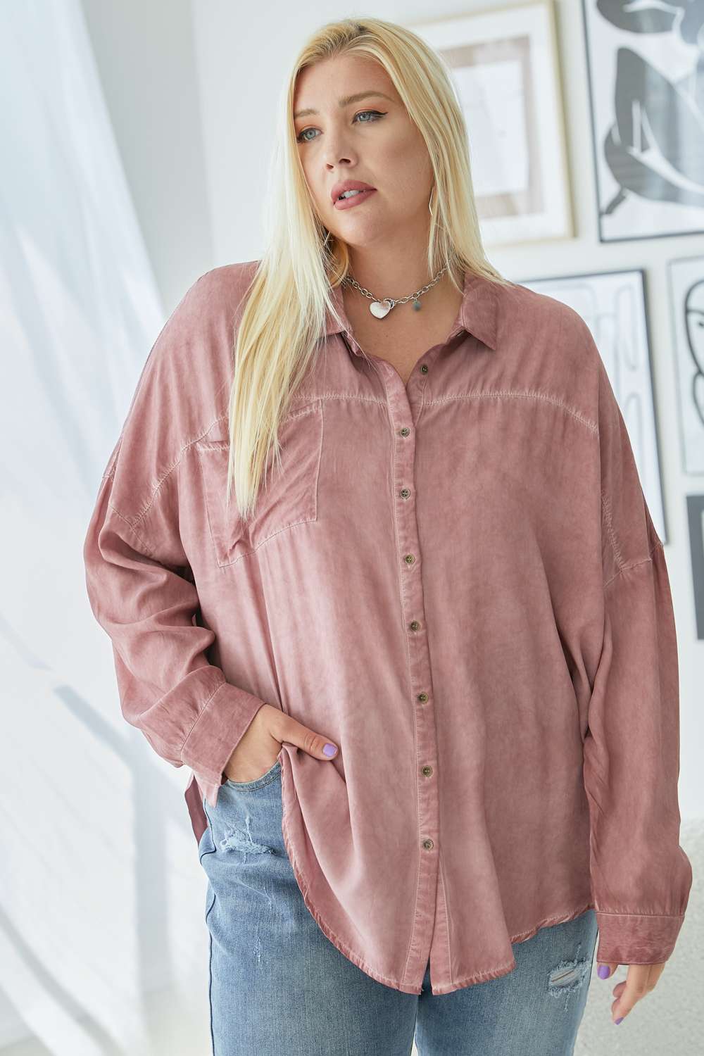 Davi And Dani Blush Solid Button Down Long Sleeve Shirt - Plus-Curvy/Plus Tops-Davi and Dani-Deja Nu Boutique, Women's Fashion Boutique in Lampasas, Texas