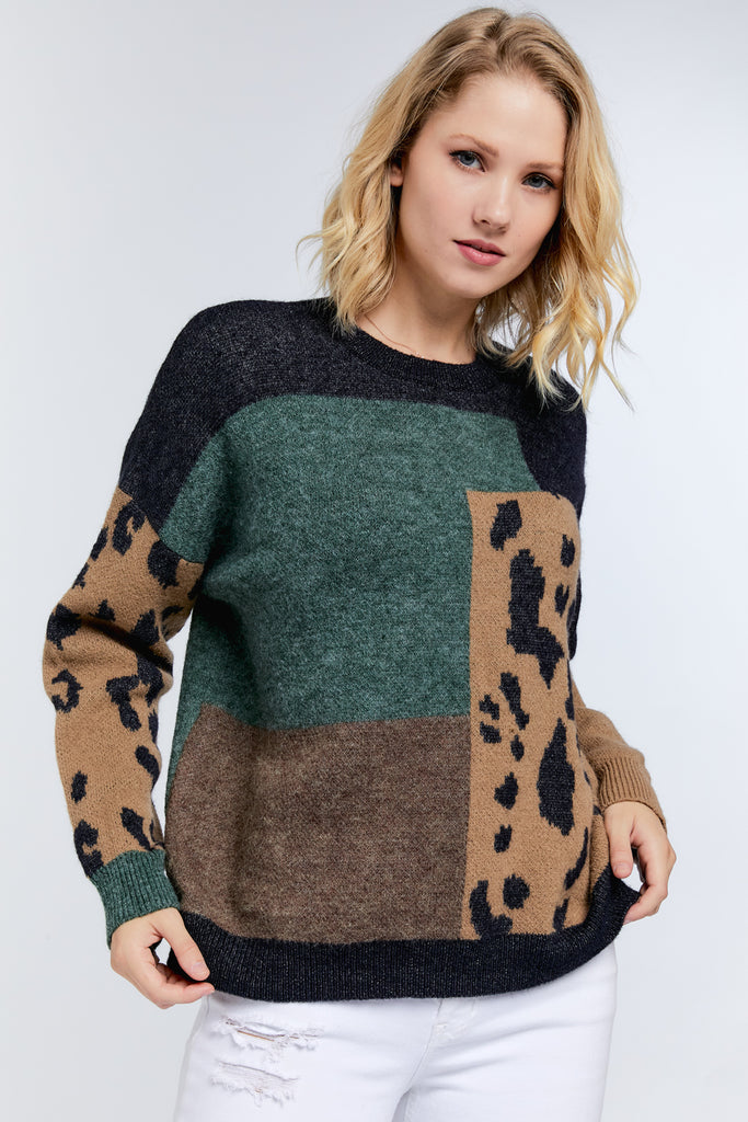 Davi And Dani Charcoal Color Block Leopard Sweater-Sweaters-Davi and Dani-Deja Nu Boutique, Women's Fashion Boutique in Lampasas, Texas