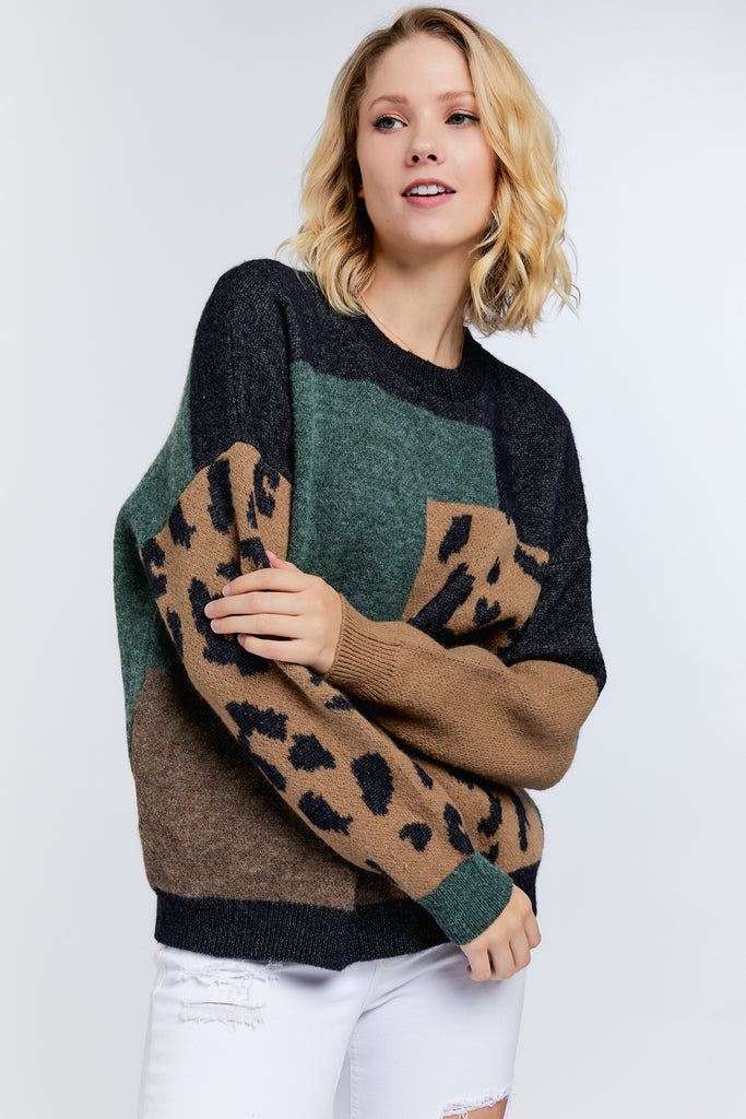 Davi And Dani Charcoal Color Block Leopard Sweater-Sweaters-Davi and Dani-Deja Nu Boutique, Women's Fashion Boutique in Lampasas, Texas