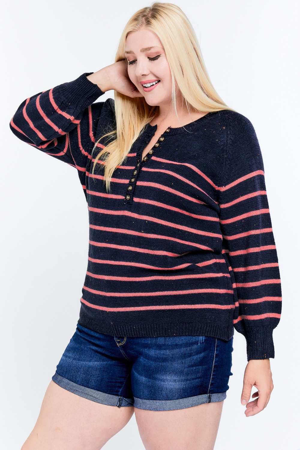 Davi And Dani Navy Stripe Plus Sweater-Curvy/Plus Tops-Davi and Dani-Deja Nu Boutique, Women's Fashion Boutique in Lampasas, Texas