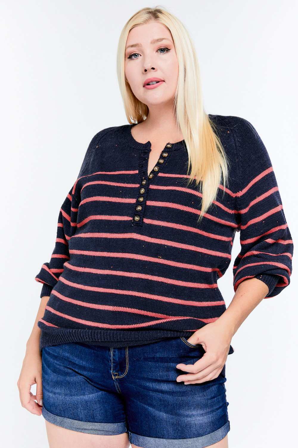 Davi And Dani Navy Stripe Plus Sweater-Curvy/Plus Tops-Davi and Dani-Deja Nu Boutique, Women's Fashion Boutique in Lampasas, Texas