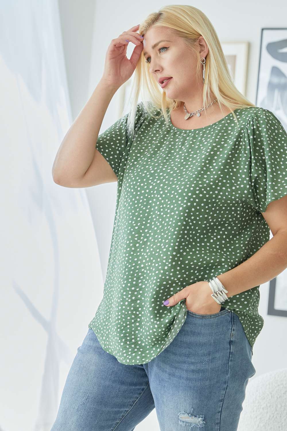 Davi And Dani Olive Dot Print Shirring Sleeve Plus Top-Curvy/Plus Tops-Davi and Dani-Deja Nu Boutique, Women's Fashion Boutique in Lampasas, Texas