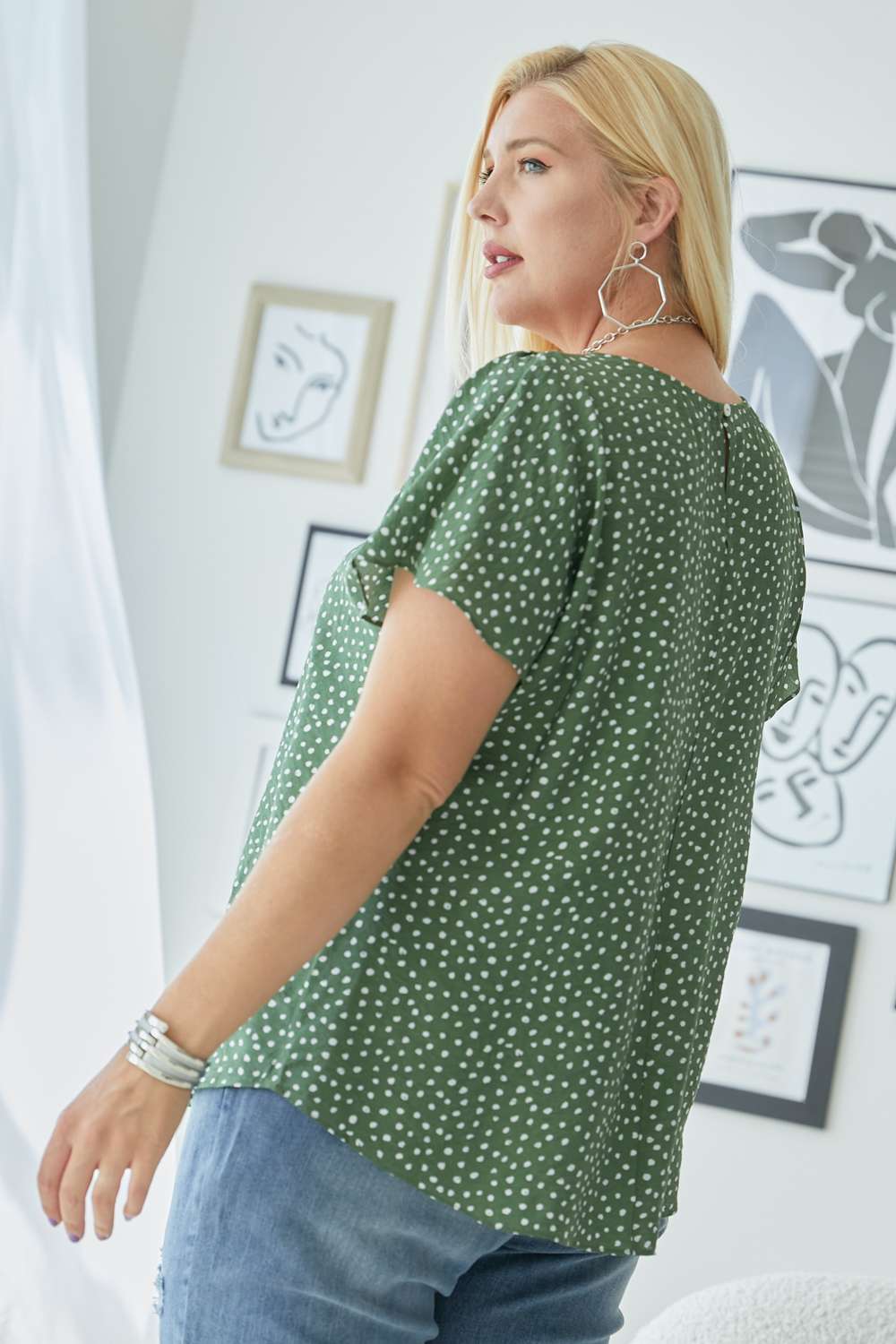 Davi And Dani Olive Dot Print Shirring Sleeve Plus Top-Curvy/Plus Tops-Davi and Dani-Deja Nu Boutique, Women's Fashion Boutique in Lampasas, Texas