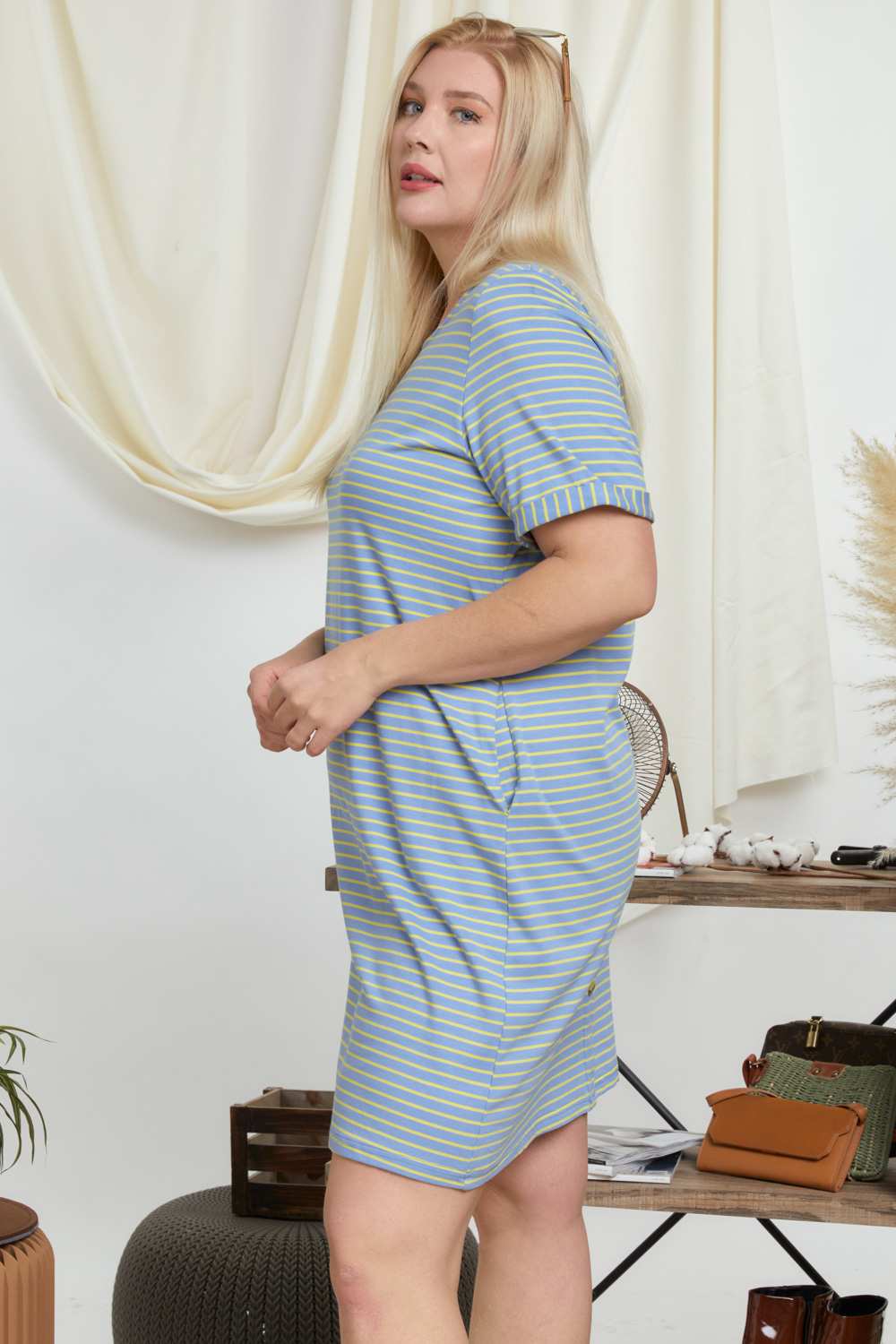 Davi And Dani Pinstripe Plus Tee Dress-Curvy/Plus Short Dresses-Davi and Dani-Deja Nu Boutique, Women's Fashion Boutique in Lampasas, Texas