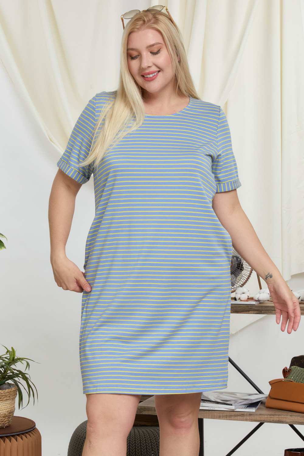 Davi And Dani Pinstripe Plus Tee Dress-Curvy/Plus Short Dresses-Davi and Dani-Deja Nu Boutique, Women's Fashion Boutique in Lampasas, Texas