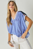 Davi And Dani Printed Lace V Neck Short Sleeve Loose Top - Two Colors-Short Sleeves-Davi and Dani-Deja Nu Boutique, Women's Fashion Boutique in Lampasas, Texas