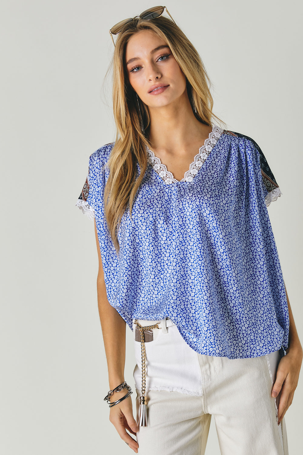 Davi And Dani Printed Lace V Neck Short Sleeve Loose Top - Two Colors-Short Sleeves-Davi and Dani-Deja Nu Boutique, Women's Fashion Boutique in Lampasas, Texas