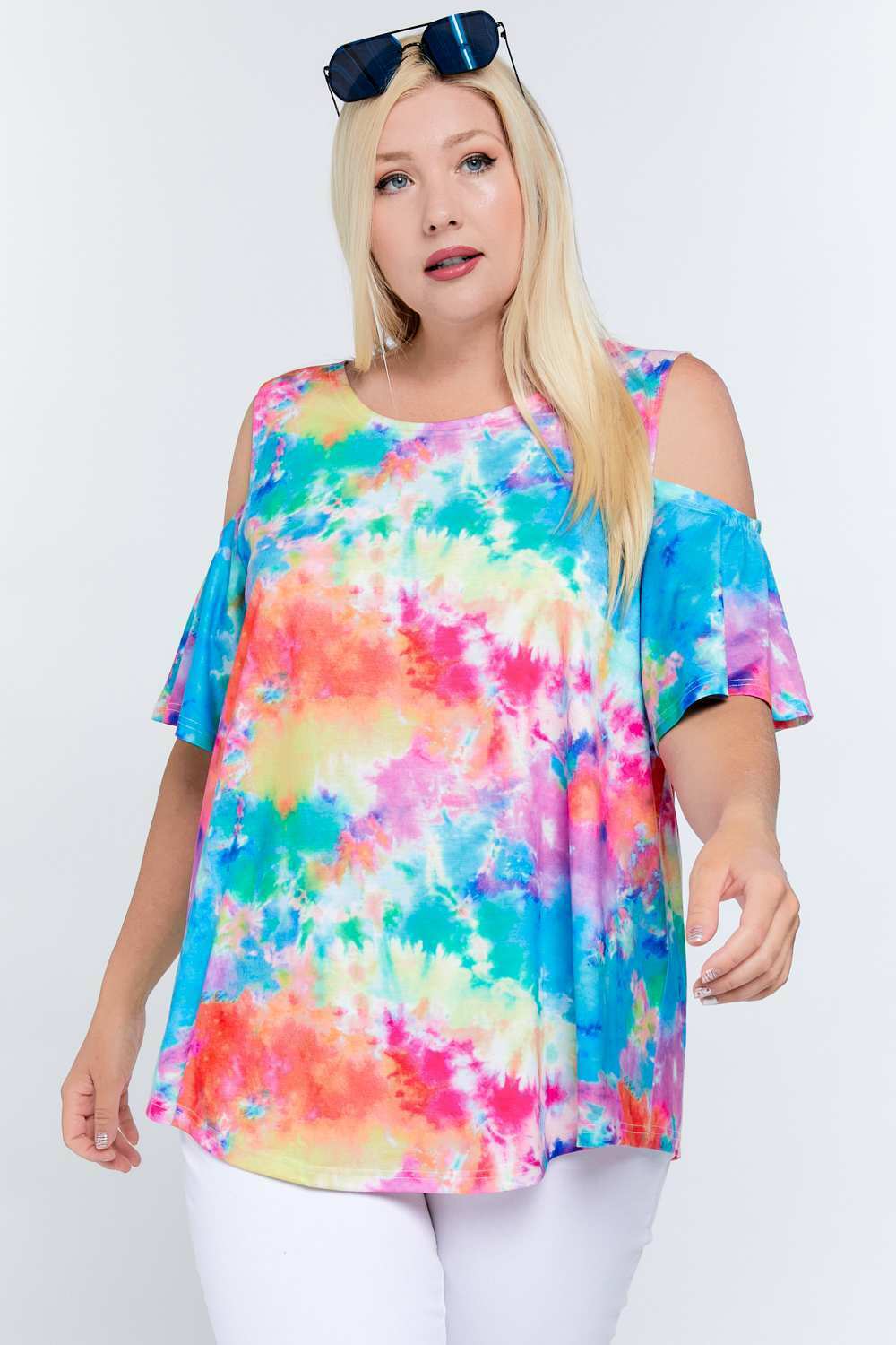 Davi And Dani Rainbow Tie Dye Cold Shoulder Plus Top-Curvy/Plus Tops-Davi and Dani-Deja Nu Boutique, Women's Fashion Boutique in Lampasas, Texas