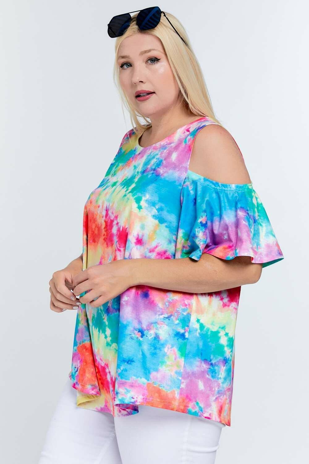 Davi And Dani Rainbow Tie Dye Cold Shoulder Plus Top-Curvy/Plus Tops-Davi and Dani-Deja Nu Boutique, Women's Fashion Boutique in Lampasas, Texas