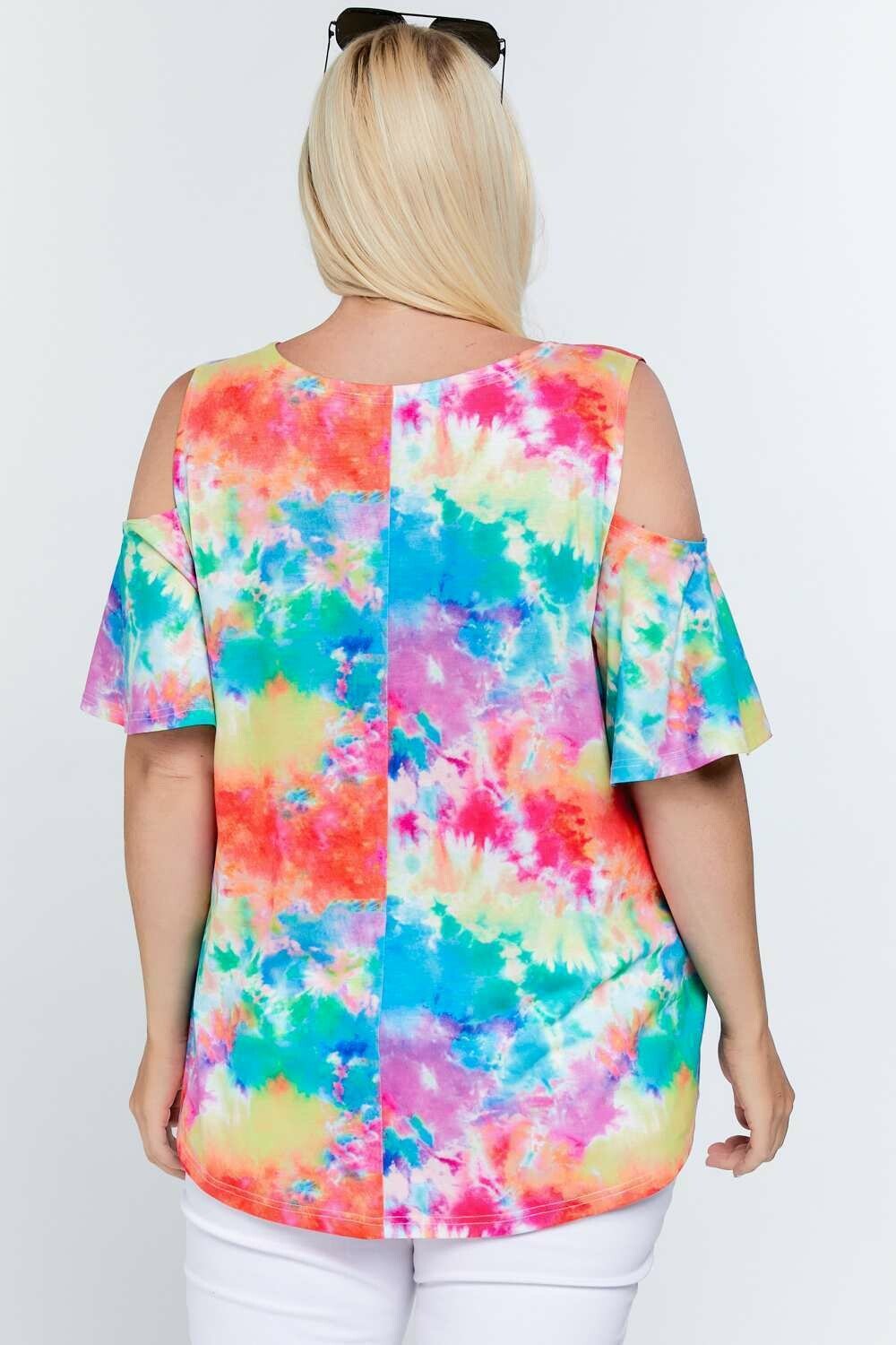 Davi And Dani Rainbow Tie Dye Cold Shoulder Plus Top-Curvy/Plus Tops-Davi and Dani-Deja Nu Boutique, Women's Fashion Boutique in Lampasas, Texas