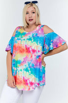 Davi And Dani Rainbow Tie Dye Cold Shoulder Plus Top-Curvy/Plus Tops-Davi and Dani-Deja Nu Boutique, Women's Fashion Boutique in Lampasas, Texas