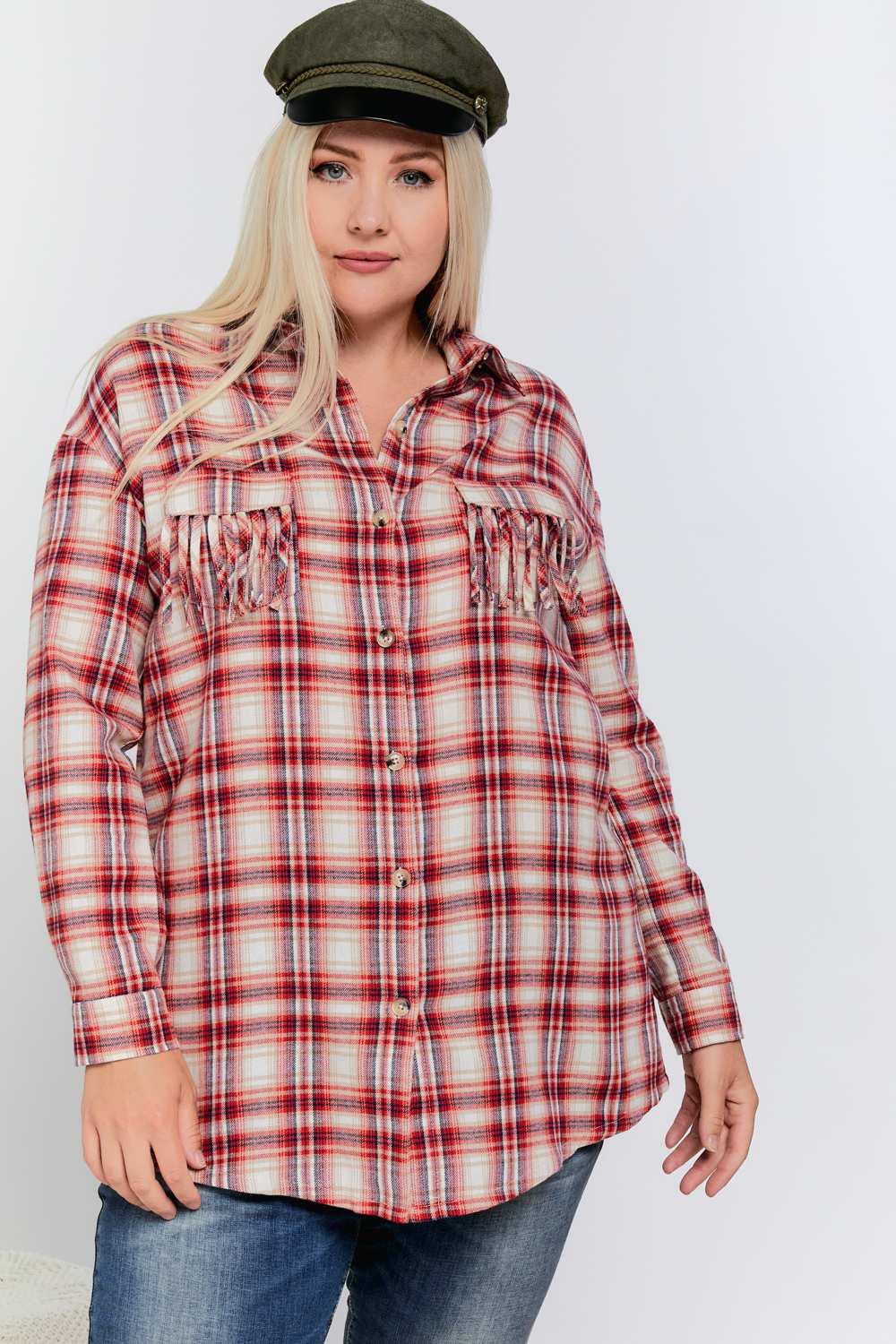 Davi And Dani Red Plaid Button Up Plus Shirt-Curvy/Plus Tops-Davi and Dani-Deja Nu Boutique, Women's Fashion Boutique in Lampasas, Texas