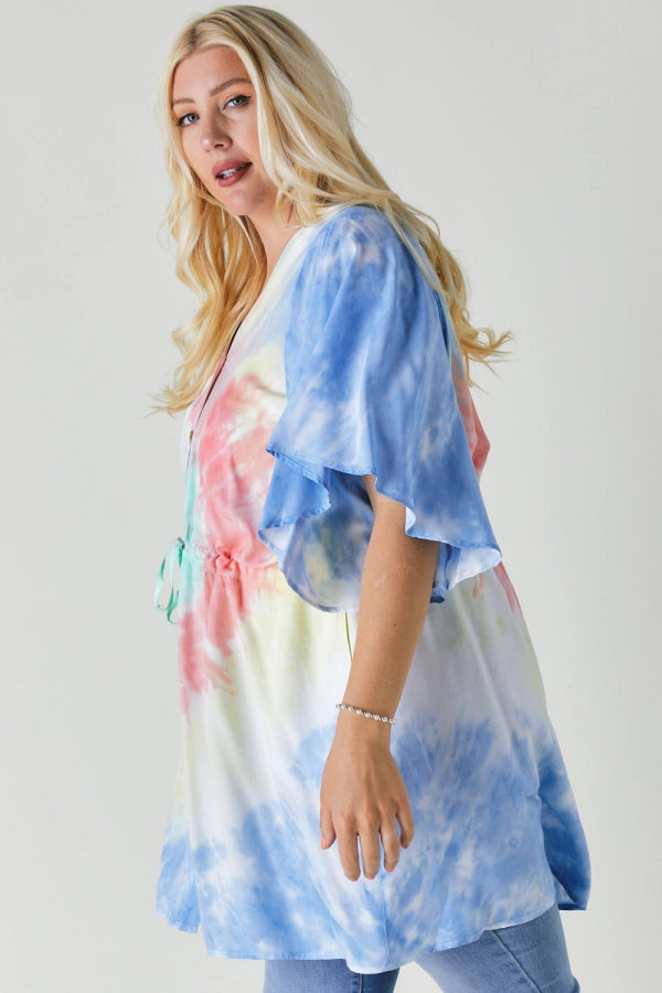 Davi And Dani Tie Dye V Neck Button Down Cover Up Top Plus-Curvy/Plus Tops-Davi and Dani-Deja Nu Boutique, Women's Fashion Boutique in Lampasas, Texas