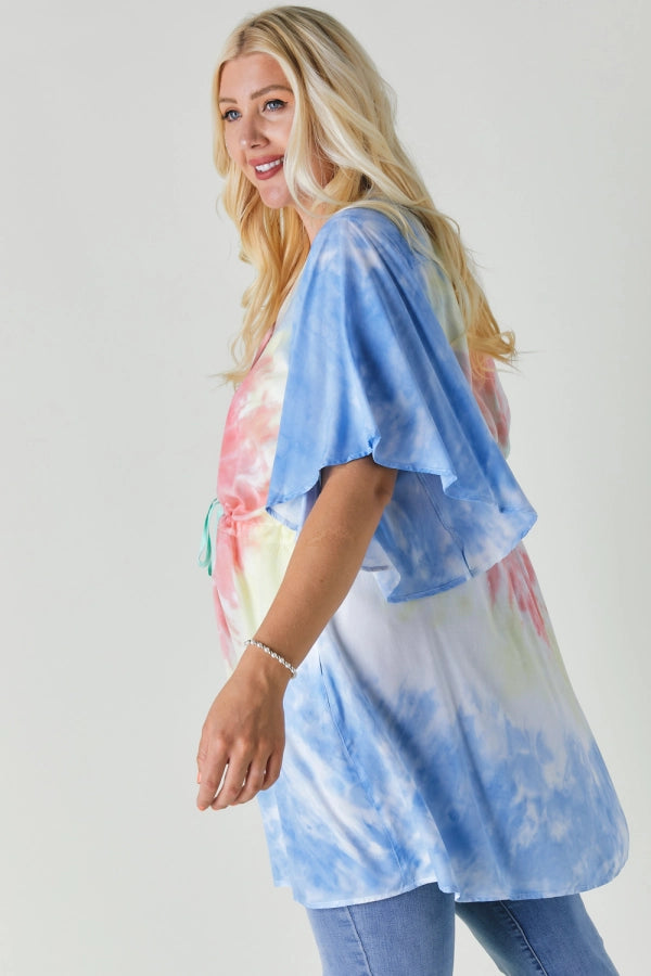 Davi And Dani Tie Dye V Neck Button Down Cover Up Top Plus-Curvy/Plus Tops-Davi and Dani-Deja Nu Boutique, Women's Fashion Boutique in Lampasas, Texas