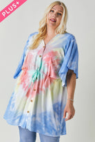 Davi And Dani Tie Dye V Neck Button Down Cover Up Top Plus-Curvy/Plus Tops-Davi and Dani-Deja Nu Boutique, Women's Fashion Boutique in Lampasas, Texas