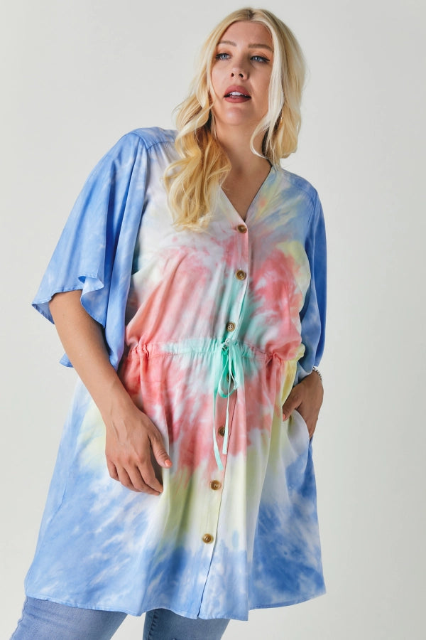 Davi And Dani Tie Dye V Neck Button Down Cover Up Top Plus-Curvy/Plus Tops-Davi and Dani-Deja Nu Boutique, Women's Fashion Boutique in Lampasas, Texas