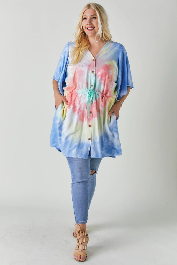 Davi And Dani Tie Dye V Neck Button Down Cover Up Top Plus-Curvy/Plus Tops-Davi and Dani-Deja Nu Boutique, Women's Fashion Boutique in Lampasas, Texas