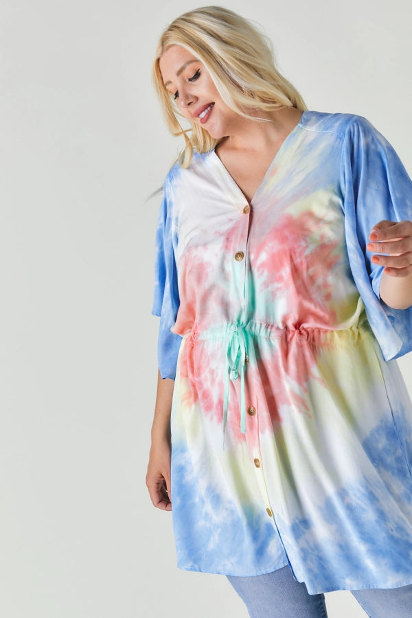 Davi And Dani Tie Dye V Neck Button Down Cover Up Top Plus-Curvy/Plus Tops-Davi and Dani-Deja Nu Boutique, Women's Fashion Boutique in Lampasas, Texas