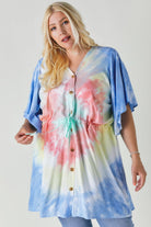 Davi And Dani Tie Dye V Neck Button Down Cover Up Top Plus-Curvy/Plus Tops-Davi and Dani-Deja Nu Boutique, Women's Fashion Boutique in Lampasas, Texas