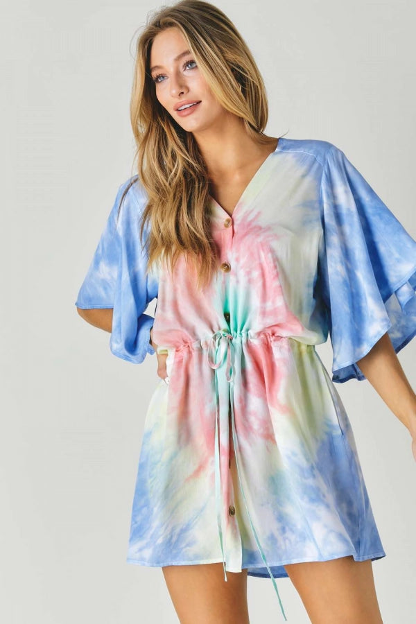 Davi And Dani Tie Dye V Neck Button Down Cover Up Top-Tops-Davi and Dani-Deja Nu Boutique, Women's Fashion Boutique in Lampasas, Texas