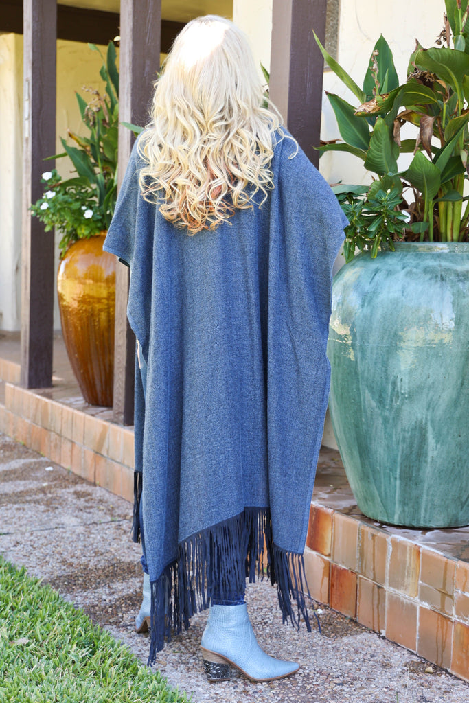 Dolce Cabo Heathered Denim Blue Wool And Cotton Fringe Scarf-Outerwear-Dolce Cabo-Deja Nu Boutique, Women's Fashion Boutique in Lampasas, Texas