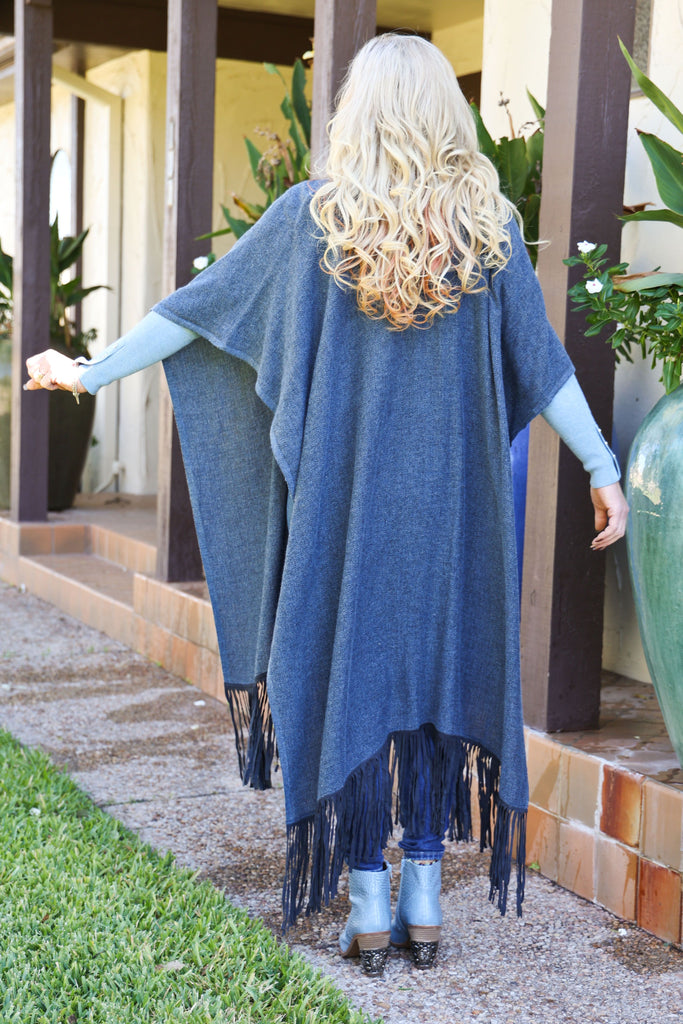 Dolce Cabo Heathered Denim Blue Wool And Cotton Fringe Scarf-Outerwear-Dolce Cabo-Deja Nu Boutique, Women's Fashion Boutique in Lampasas, Texas