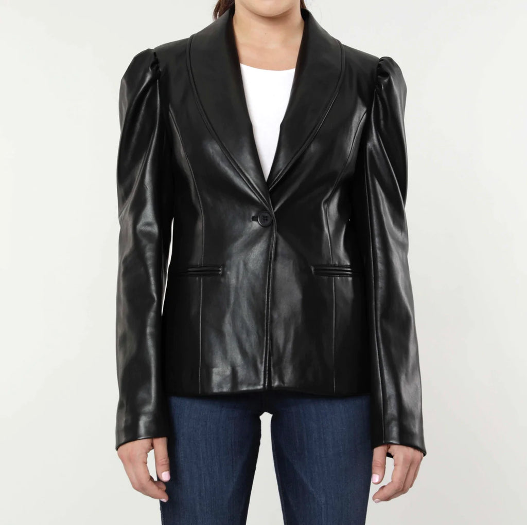 Dolce Cabo Puff Shoulder Vegan Leather Blazer In Black-Outerwear-Dolce Cabo-Deja Nu Boutique, Women's Fashion Boutique in Lampasas, Texas