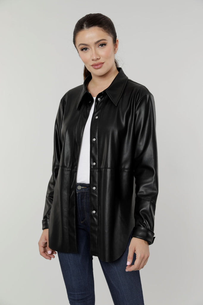 Dolce Cabo Vegan Leather Button-Down Shirt Shacket In Black-Shackets-Dolce Cabo-Deja Nu Boutique, Women's Fashion Boutique in Lampasas, Texas