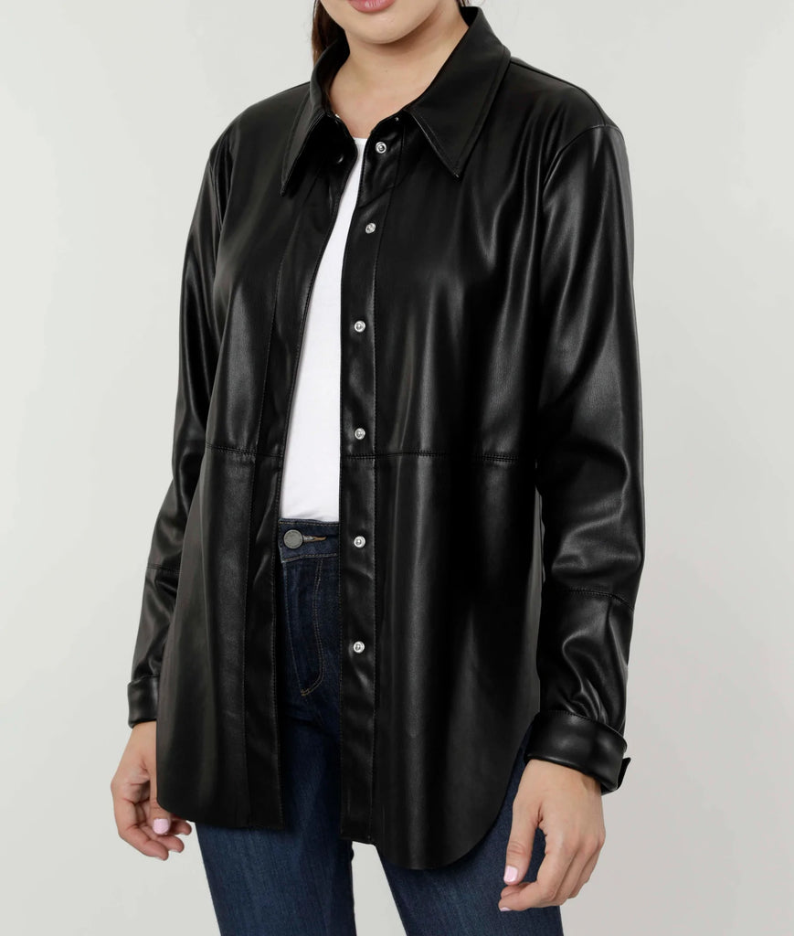 Dolce Cabo Vegan Leather Button-Down Shirt Shacket In Black-Shackets-Dolce Cabo-Deja Nu Boutique, Women's Fashion Boutique in Lampasas, Texas