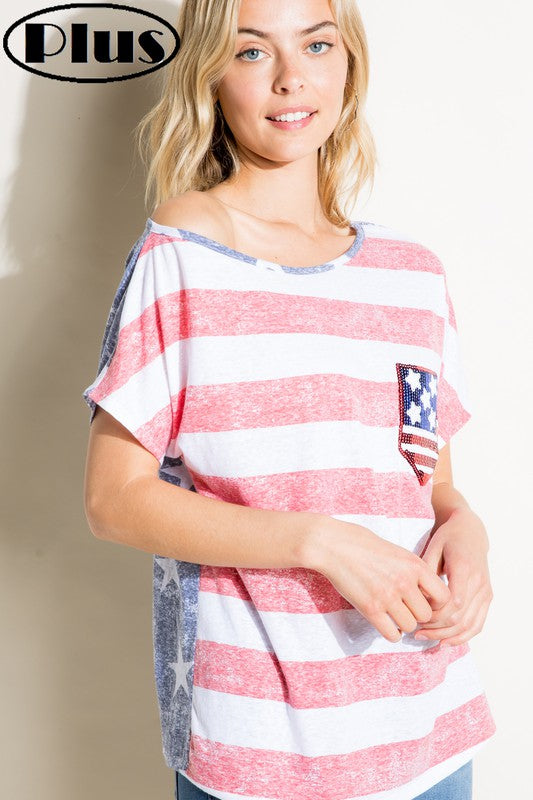 E Luna American Flag Plus Tee With Sequin Pocket Plus-Curvy/Plus Tops-E Luna-Deja Nu Boutique, Women's Fashion Boutique in Lampasas, Texas