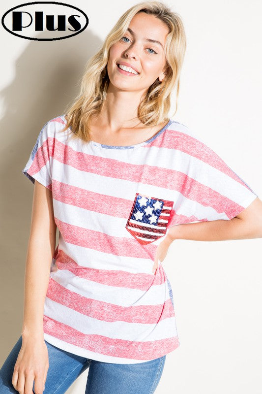 E Luna American Flag Plus Tee With Sequin Pocket Plus-Curvy/Plus Tops-E Luna-Deja Nu Boutique, Women's Fashion Boutique in Lampasas, Texas