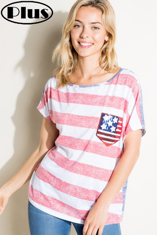 E Luna American Flag Plus Tee With Sequin Pocket Plus-Curvy/Plus Tops-E Luna-Deja Nu Boutique, Women's Fashion Boutique in Lampasas, Texas