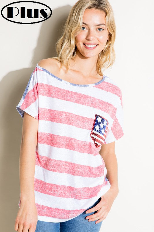 E Luna American Flag Plus Tee With Sequin Pocket Plus-Curvy/Plus Tops-E Luna-Deja Nu Boutique, Women's Fashion Boutique in Lampasas, Texas