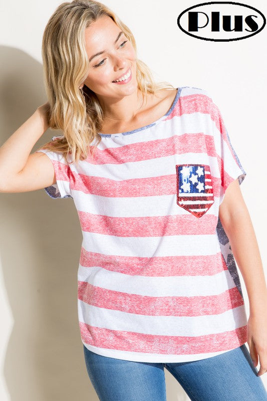 E Luna American Flag Plus Tee With Sequin Pocket Plus-Curvy/Plus Tops-E Luna-Deja Nu Boutique, Women's Fashion Boutique in Lampasas, Texas