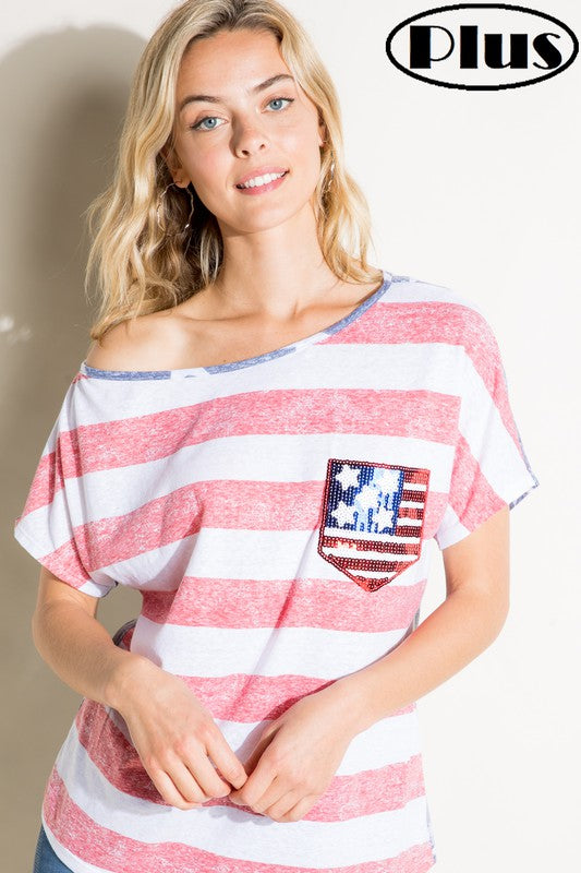 E Luna American Flag Plus Tee With Sequin Pocket Plus-Curvy/Plus Tops-E Luna-Deja Nu Boutique, Women's Fashion Boutique in Lampasas, Texas