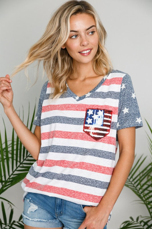 E Luna American Flag Tee With Sequin Pocket-Graphic Tees-E Luna-Deja Nu Boutique, Women's Fashion Boutique in Lampasas, Texas