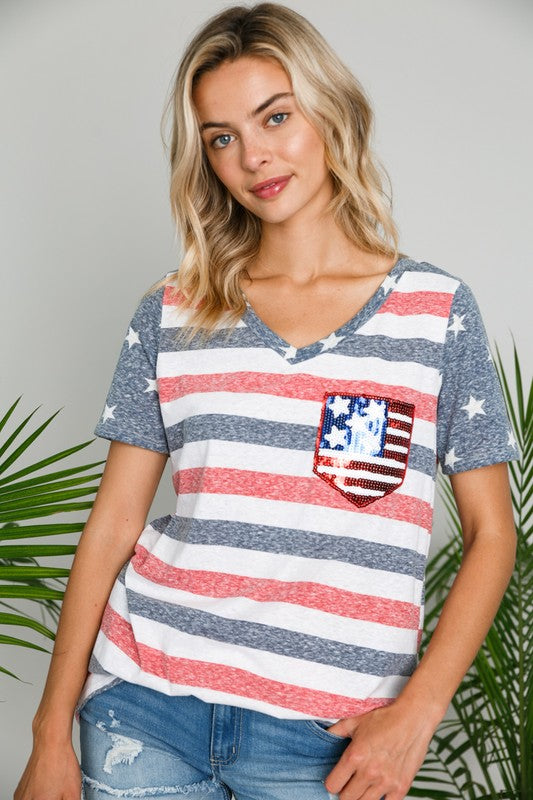 E Luna American Flag Tee With Sequin Pocket-Graphic Tees-E Luna-Deja Nu Boutique, Women's Fashion Boutique in Lampasas, Texas