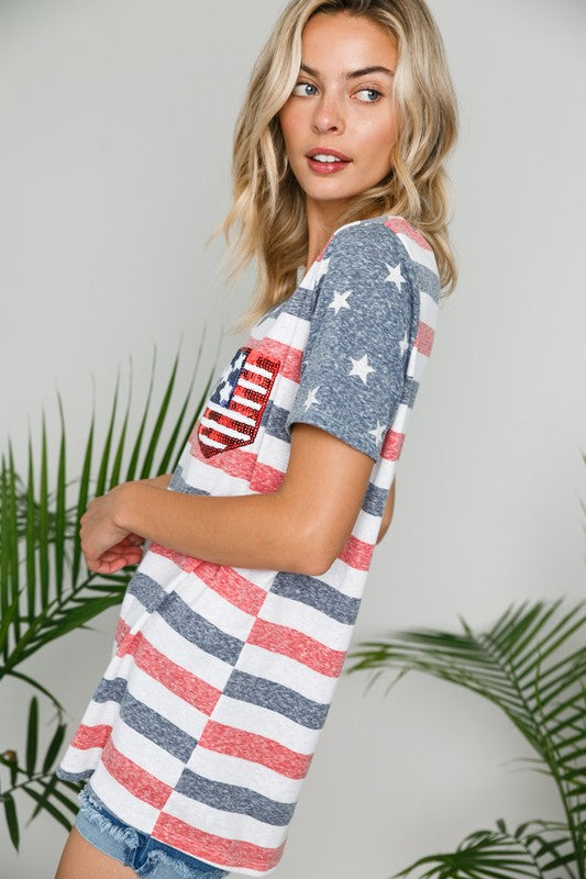 E Luna American Flag Tee With Sequin Pocket-Graphic Tees-E Luna-Deja Nu Boutique, Women's Fashion Boutique in Lampasas, Texas