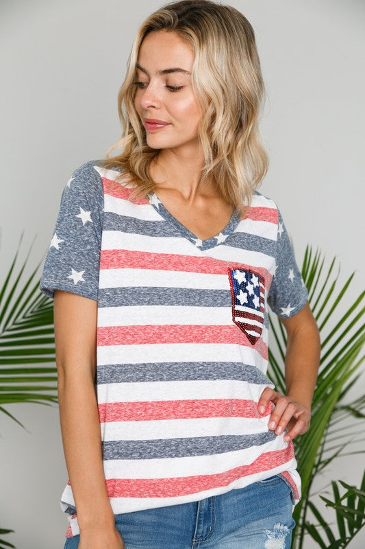 E Luna American Flag Tee With Sequin Pocket-Graphic Tees-E Luna-Deja Nu Boutique, Women's Fashion Boutique in Lampasas, Texas