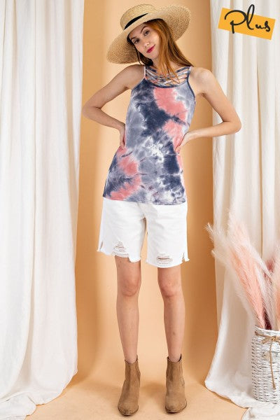 Easel Blue And Coral Tie Dye Criss Cross Plus Camisole-Curvy/Plus Tops-Easel-Deja Nu Boutique, Women's Fashion Boutique in Lampasas, Texas