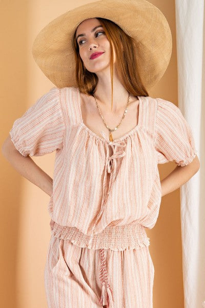 Easel Coral Kenzie Stripe Cropped Blouse-Tops-Easel-Deja Nu Boutique, Women's Fashion Boutique in Lampasas, Texas
