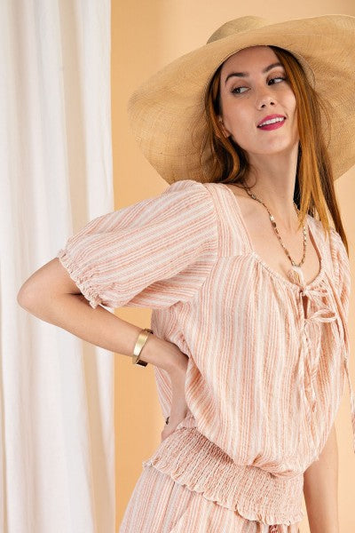 Easel Coral Kenzie Stripe Cropped Blouse-Tops-Easel-Deja Nu Boutique, Women's Fashion Boutique in Lampasas, Texas
