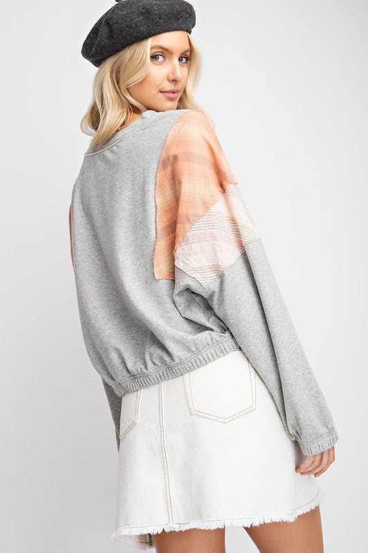 Easel Heather Grey & Orange Patches Sweater-Sweaters-Easel-Deja Nu Boutique, Women's Fashion Boutique in Lampasas, Texas