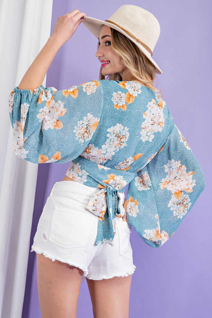 ee:some Cropped Long Sleeve Blouse With Adjustable Back Tie In Floral Sage-Tops-ee:some-Deja Nu Boutique, Women's Fashion Boutique in Lampasas, Texas